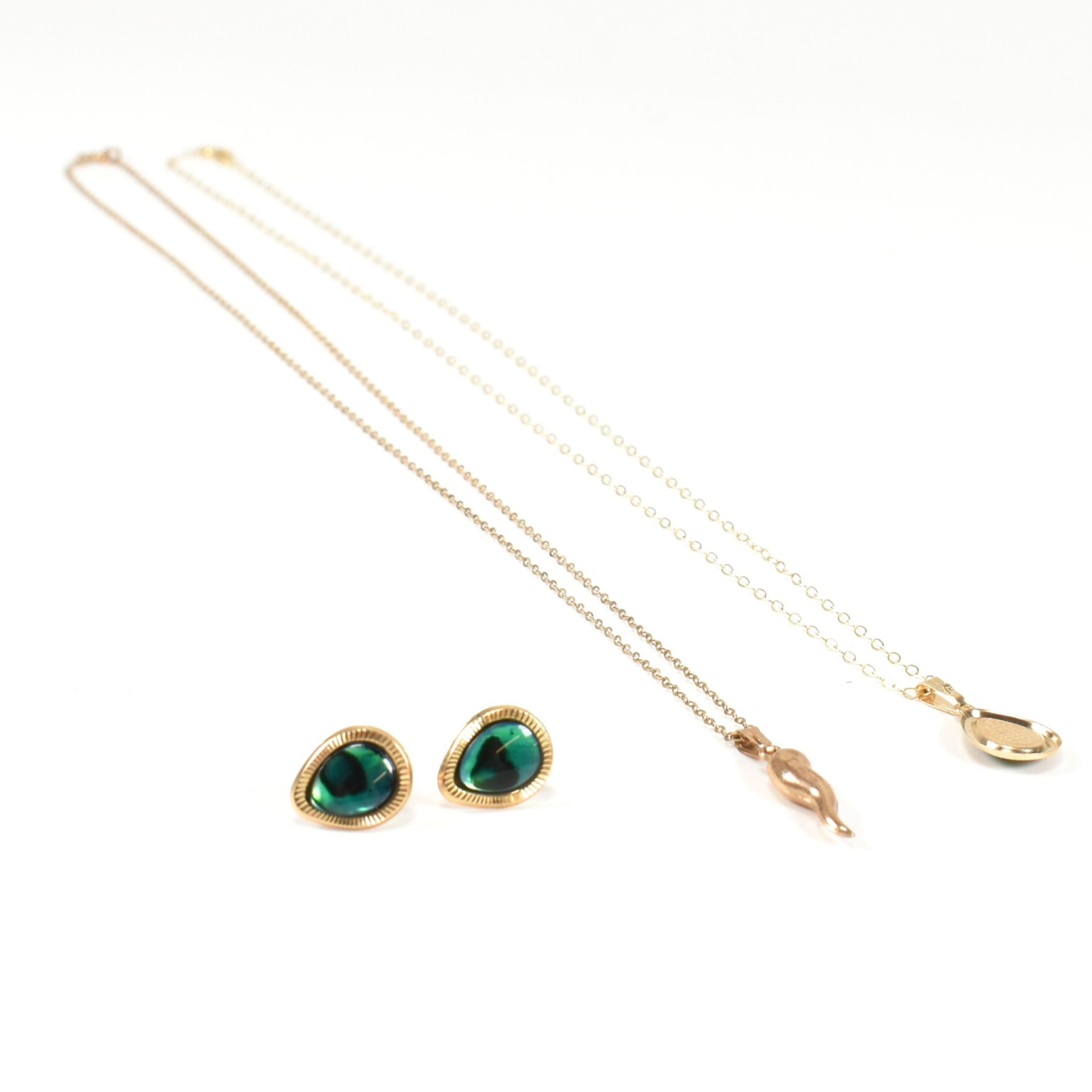 9CT GOLD & GREEN STONE NECKLACE & EARRING SUITE & HALLMARKED 9CT GOLD HORN OF PLENTY NECKLACE - Image 2 of 9