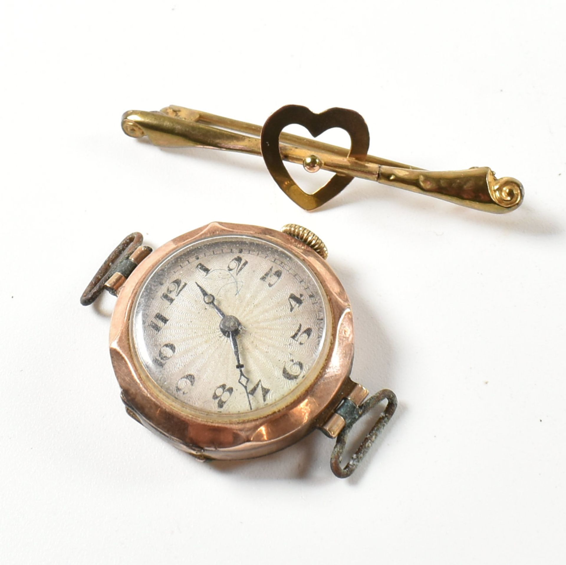 9CT GOLD HEART BROOCH PIN & HALLMARKED 9CT GOLD WATCH CASE