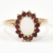 HALLMARKED 9CT GOLD OPAL & RED STONE CLUSTER RING