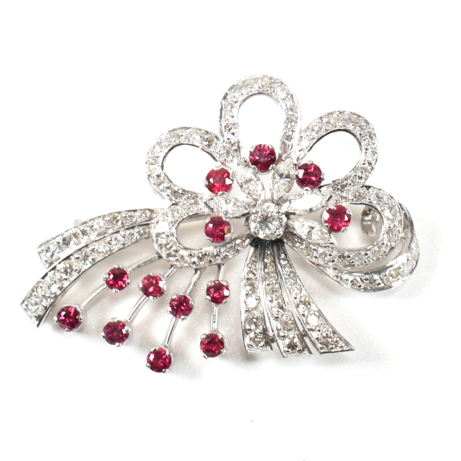 ART DECO WHITE GOLD RUBY & DIAMOND SPRAY BROOCH PIN