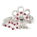 ART DECO WHITE GOLD RUBY & DIAMOND SPRAY BROOCH PIN