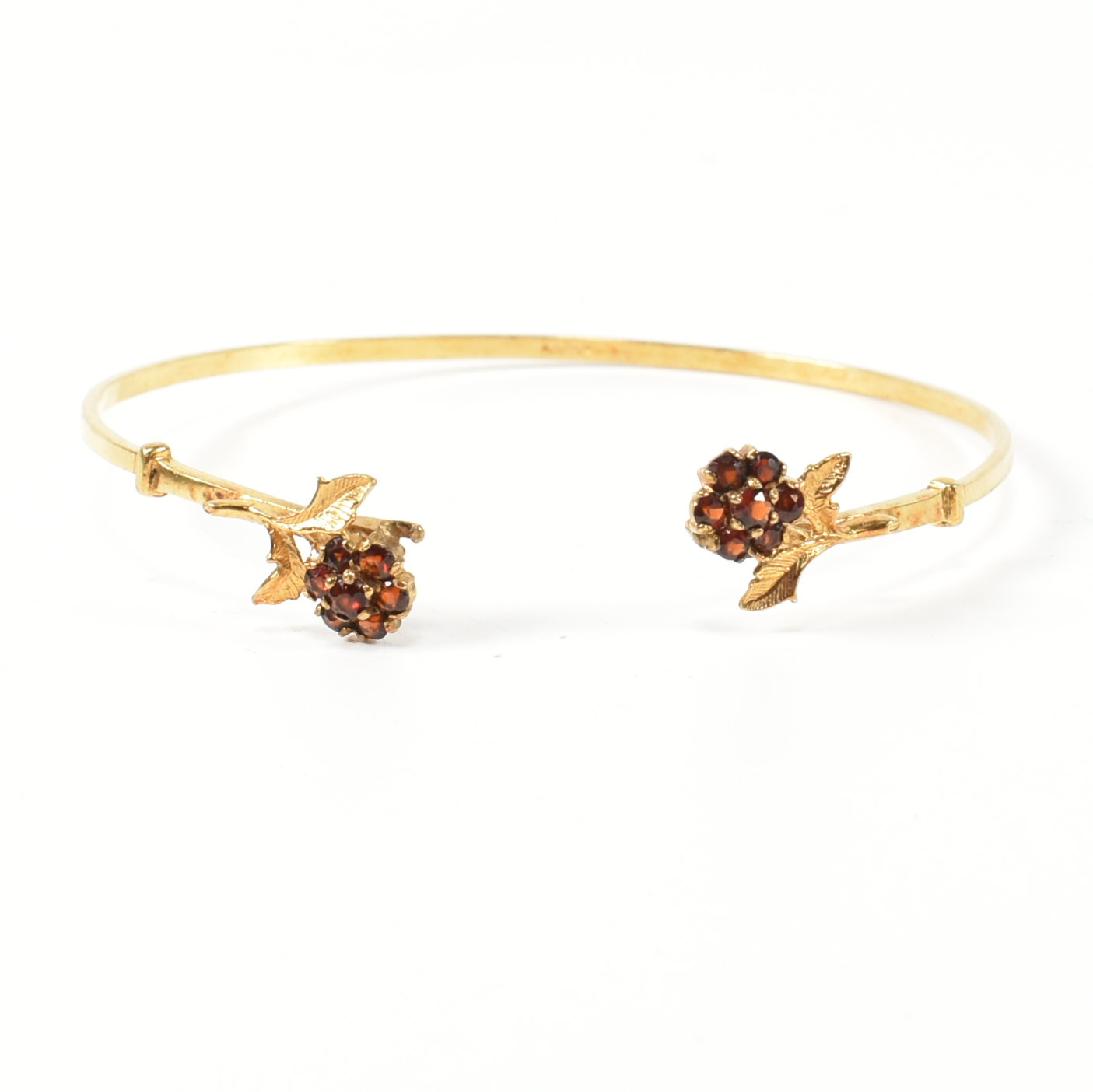 HALLMARKED 9CT GOLD & GARNET FLOWER CLUSTER TORQUE BANGLE