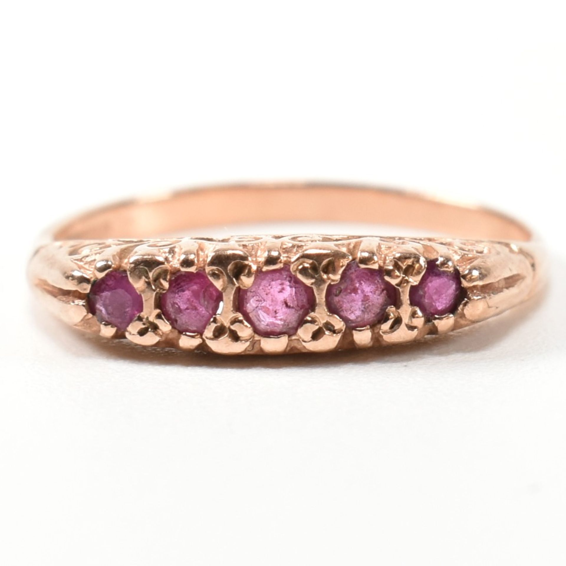 HALLMARKED 9CT ROSE GOLD & RUBY FIVE STONE GYPSY RING