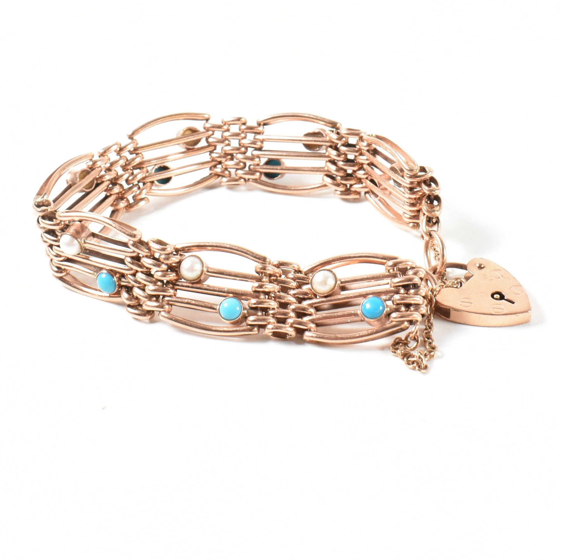HALLMARKED 9CT ROSE GOLD PEARL & TURQUOISE GATE LINK BRACELET - Image 9 of 9