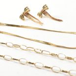 9CT GOLD SNAKE CHAIN BOW EARRINGS & TWO 9CT GOLD BRACELETS