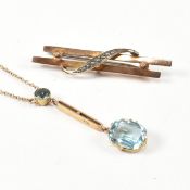 9CT GOLD & BLUE PASTE PENDANT NECKLACE & 9CT GOLD & SEED PEARL BROOCH PIN