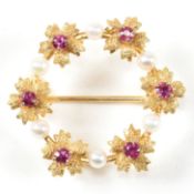 EARLY 20TH CENTURY RUBY & PEARL GARLAND BROOCH PIN