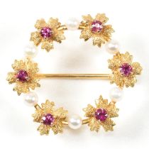 EARLY 20TH CENTURY RUBY & PEARL GARLAND BROOCH PIN