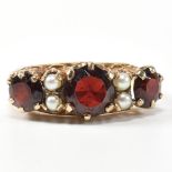 1960S HALLMARKED 9CT GOLD GARNET & PEARL HALF HOOP RING