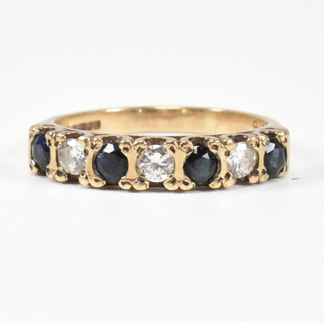 HALLMARKED 9CT GOLD SAPPHIRE & CZ HALF HOOP RING