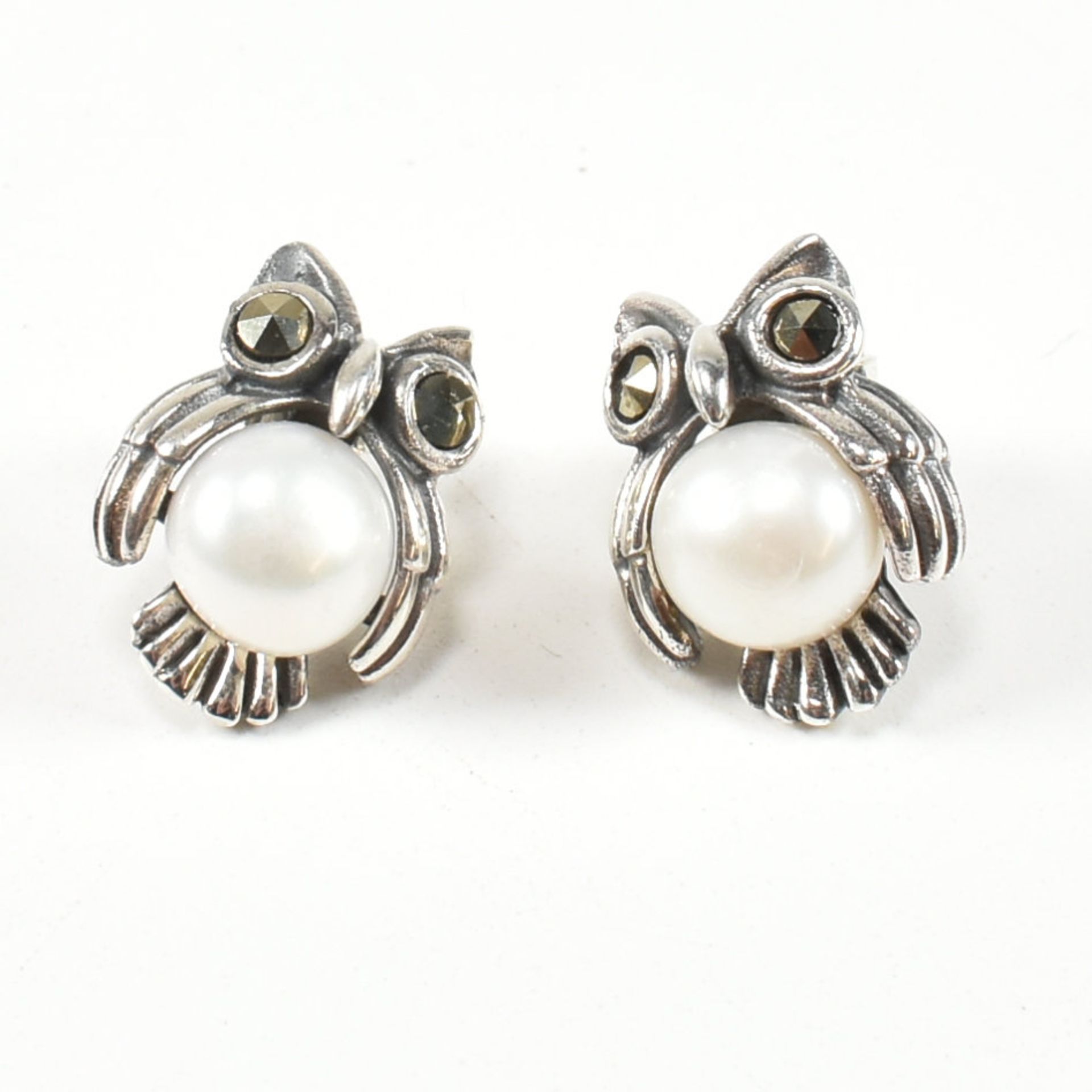 PAIR 925 SILVER MARCASITE & PEARL NOVELTY OWL EARRINGS