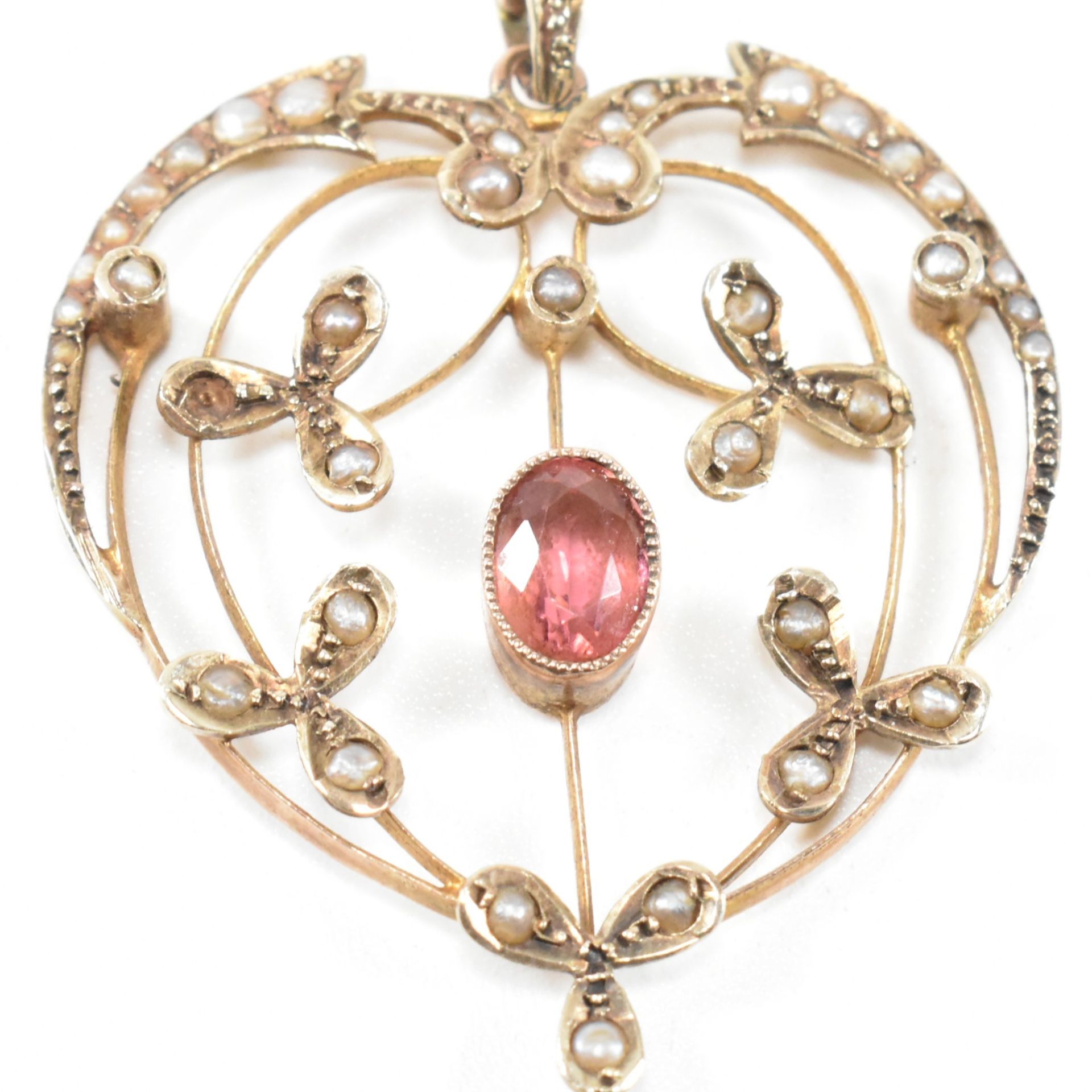 EDWARDIAN 9CT GOLD TOURMALINE & SEED PEARL NECKLACE PENDANT - Image 3 of 3