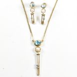 14CT GOLD TOPAZ & DIAMOND & CULTURED PEARL PENDANT NECKLACE & EARRING SUITE