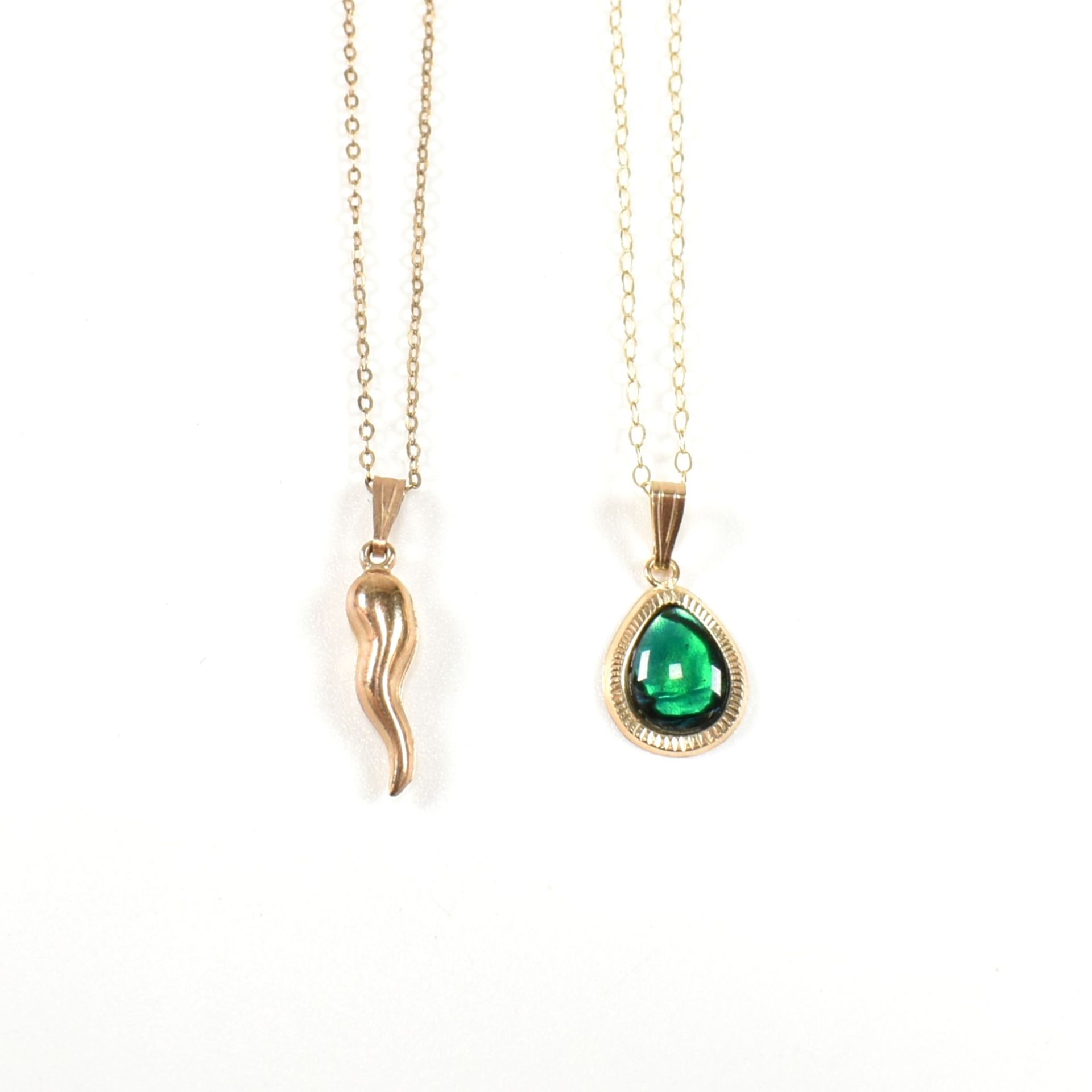 9CT GOLD & GREEN STONE NECKLACE & EARRING SUITE & HALLMARKED 9CT GOLD HORN OF PLENTY NECKLACE - Image 3 of 9