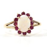 HALLMARKED 9CT GOLD OPAL & RUBY CLUSTER RING