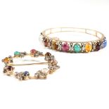 18CT GOLD & GEM SET HINGED BRACELET & BROOCH PIN