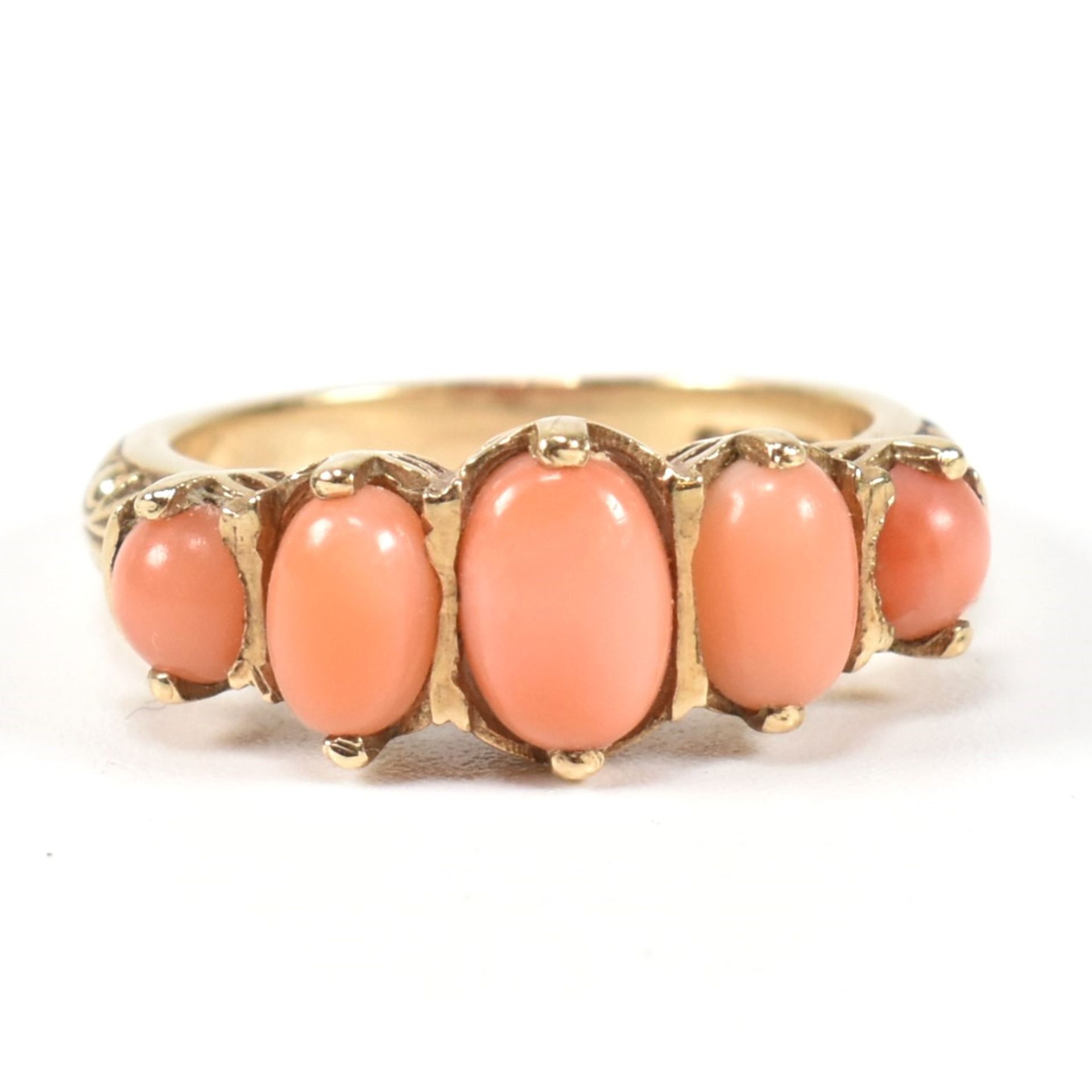 HALLMARKED 9CT GOLD & CORAL FIVE STONE RING