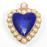 LATE GEORGIAN/EARLY VICTORIAN 18CT GOLD GUILLOCHE ENAMEL & PEARL HEART PENDANT