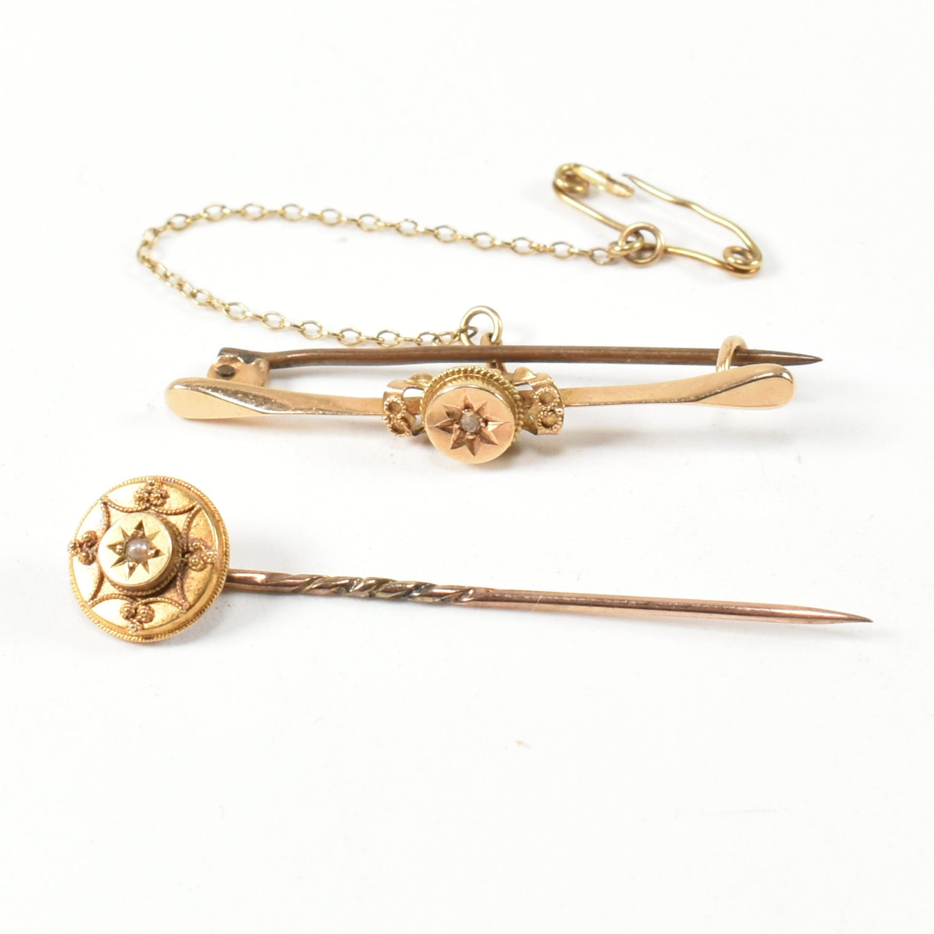 19TH CENTURY 15CT GOLD & GEM SET BROOCH PIN & STICK PIN