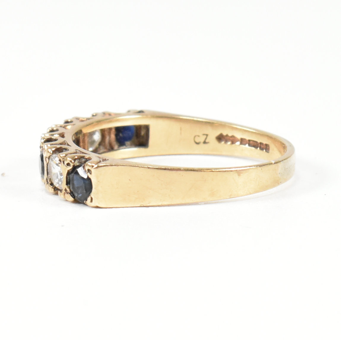 HALLMARKED 9CT GOLD SAPPHIRE & CZ HALF HOOP RING - Image 4 of 9