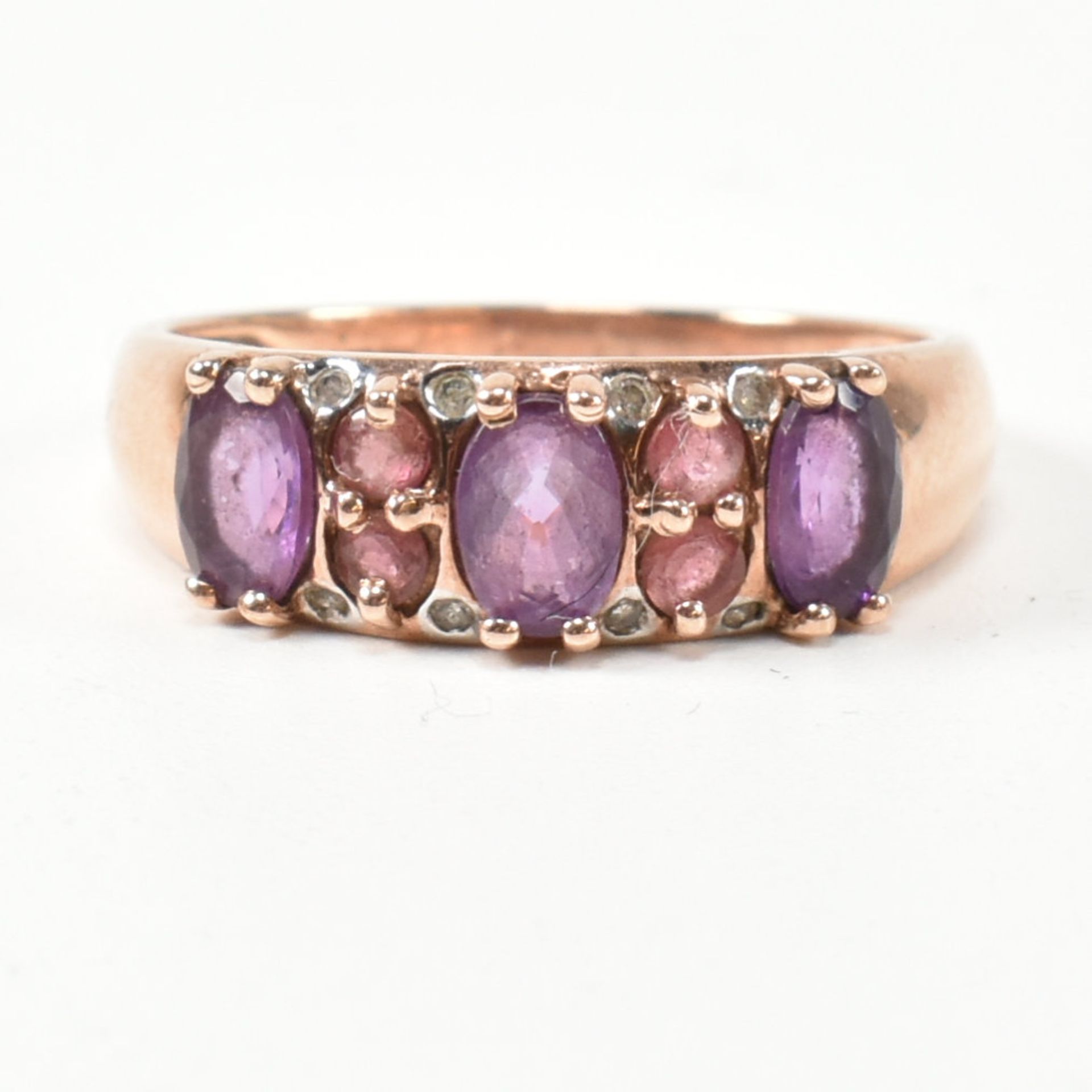 HALLMARKED 9CT ROSE GOLD DIAMOND AMETHYST & TOURMALINE RING