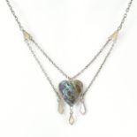 ARTS & CRAFTS STYLE SILVER & ABALONE HEART PENDANT NECKLACE