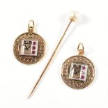 9CT GOLD & PEARL STICK PIN & TWO GOLD FILLED SERVICE MEDALS