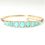 LATE VICTORIAN GOLD TURQUOISE & DIAMOND HINGED BANGLE