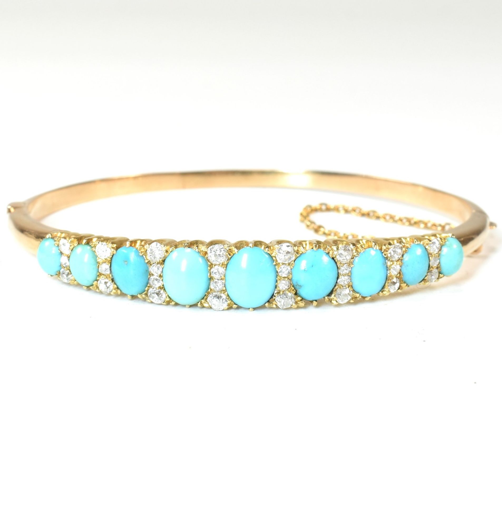 LATE VICTORIAN GOLD TURQUOISE & DIAMOND HINGED BANGLE