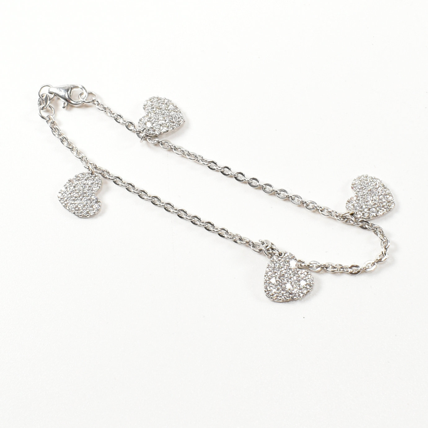 HALLMARKED 9CT WHITE GOLD & CZ HEART CHARM BRACELET - Image 2 of 6