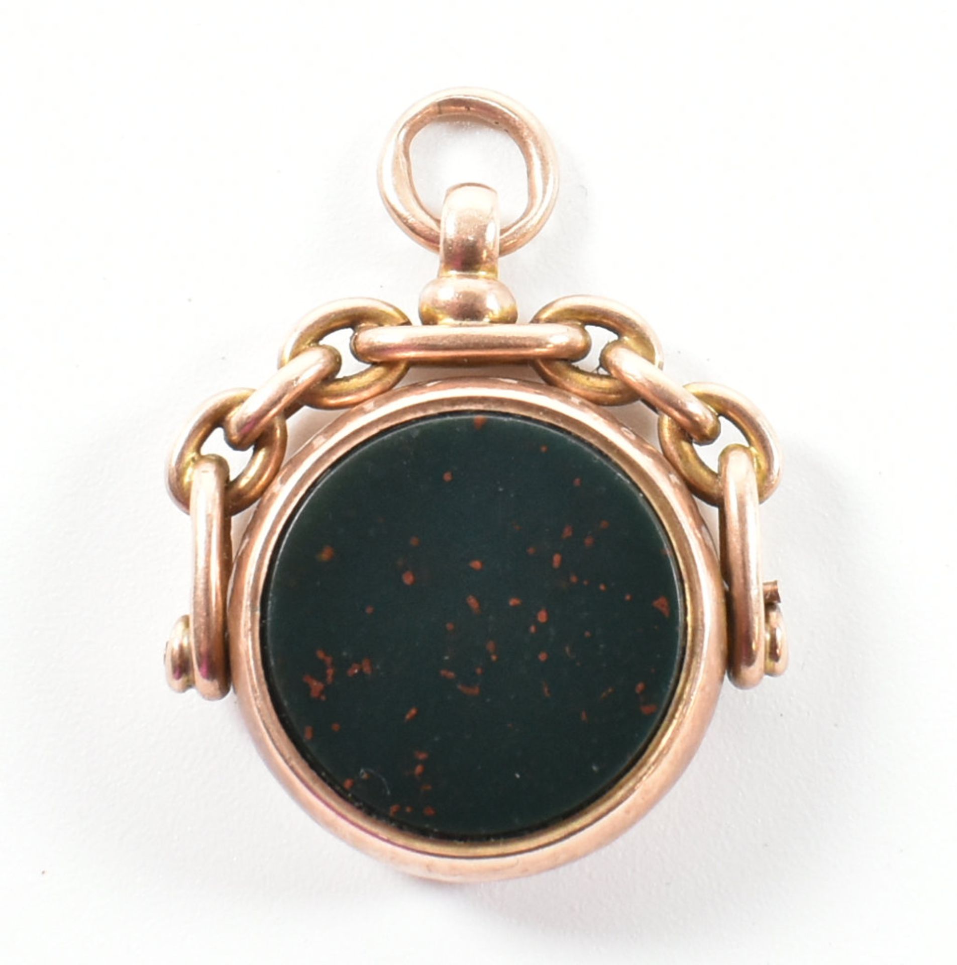 HALLMARKED 9CT GOLD BLOODSTONE & CARNELIAN SWIVEL FOB PENDANT