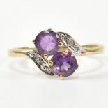 HALLMARKED 9CT GOLD AMETHYST & DIAMOND CROSS OVER RING