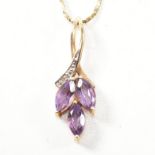 ITALIAN HALLMARKED 9CT GOLD DIAMOND & AMETHYST PENDANT NECKLACE