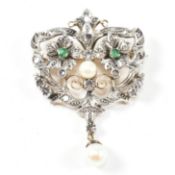 AUSTRO HUNGARIAN EMERALD PEARL & DIAMOND BROOCH PENDANT PIN