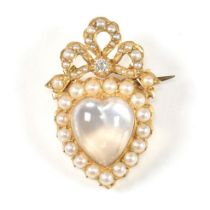 19TH CENTURY GOLD MOONSTONE & PEARL HEART BROOCH PIN