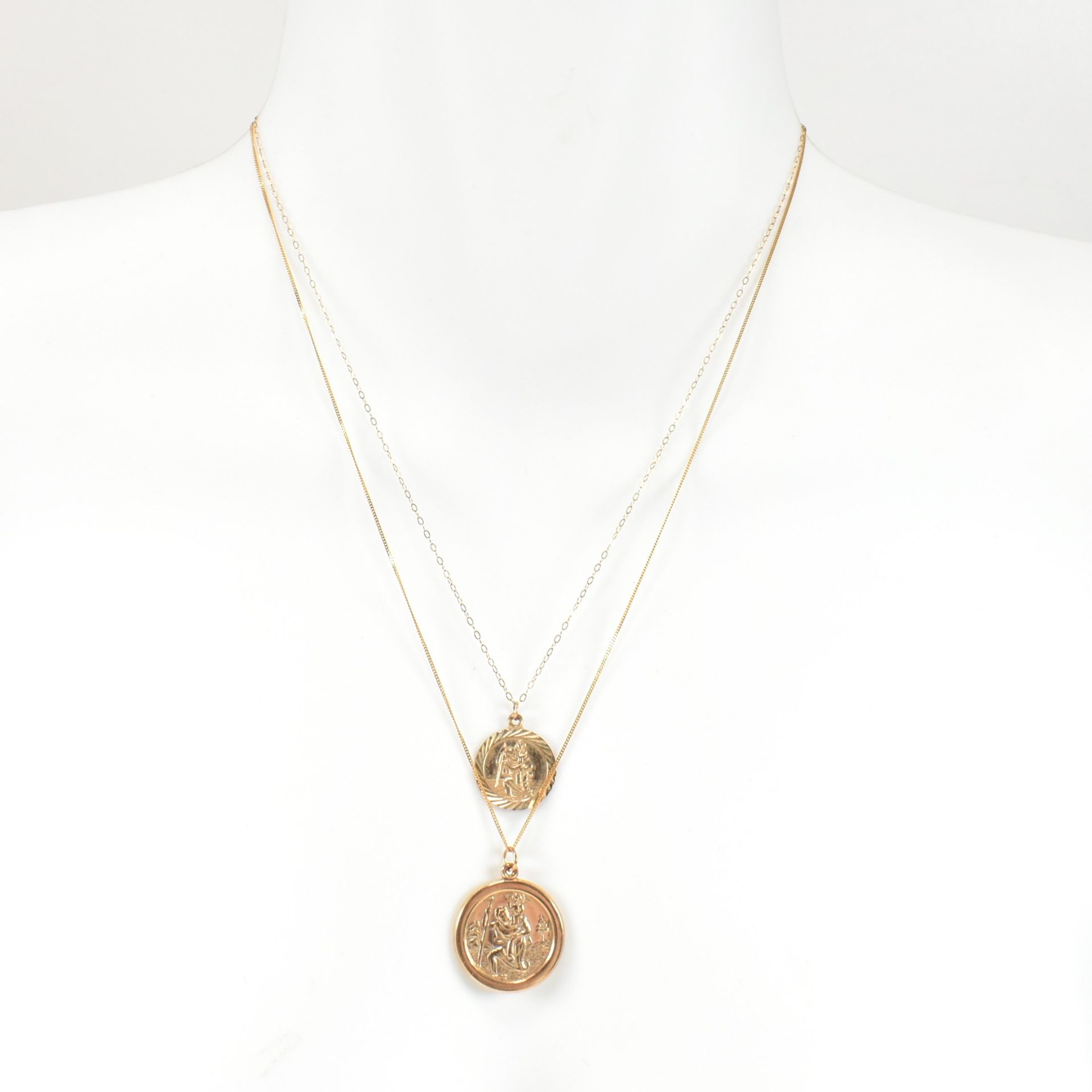 TWO 9CT GOLD ST CHRISTOPHER PENDANT NECKLACES