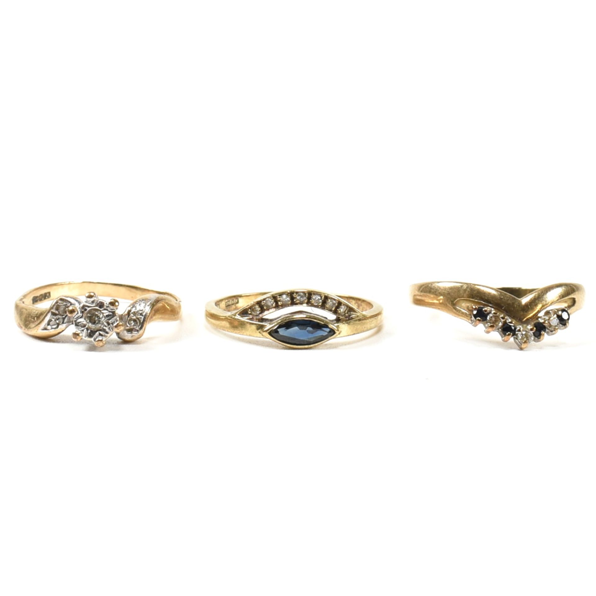 THREE HALLMARKED 9CT GOLD SAPPHIRE & DIAMOND RINGS