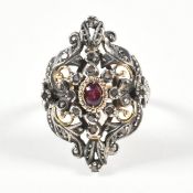 CONTINENTAL GOLD SILVER RUBY & DIAMOND CLUSTER RING
