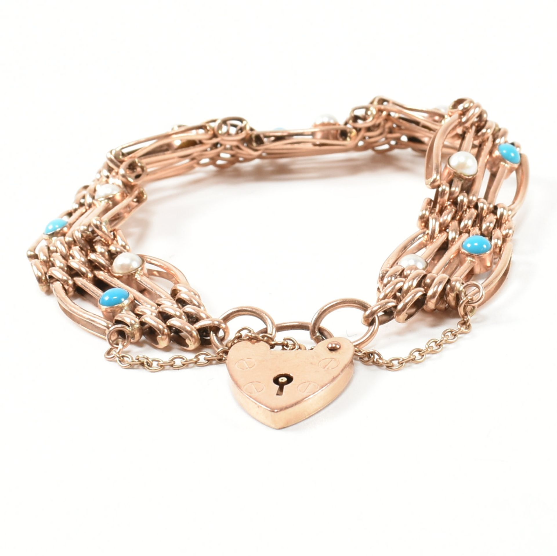 HALLMARKED 9CT ROSE GOLD PEARL & TURQUOISE GATE LINK BRACELET - Image 2 of 9