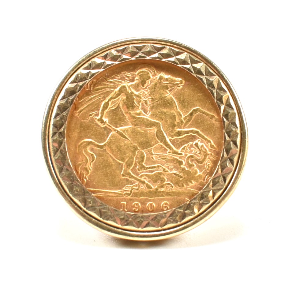 HALLMARKED 9CT GOLD MOUNTED HALF SOVEREIGN RING