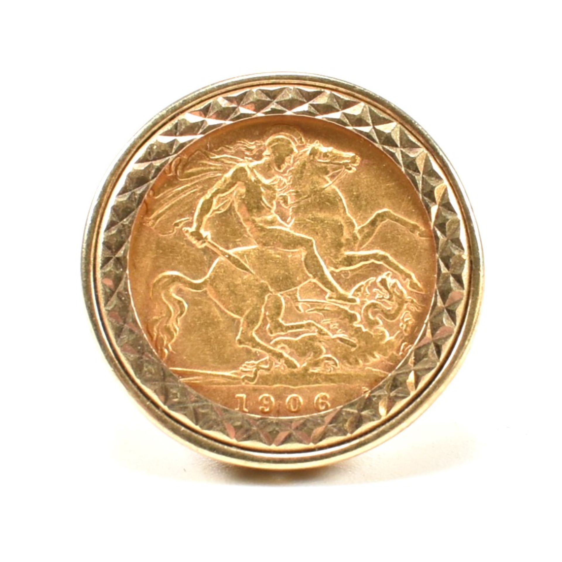 HALLMARKED 9CT GOLD MOUNTED HALF SOVEREIGN RING