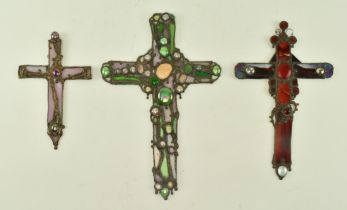 JOHN LEATHWOOD - THREE STAINED LEADED GLASS CROSS PANELS