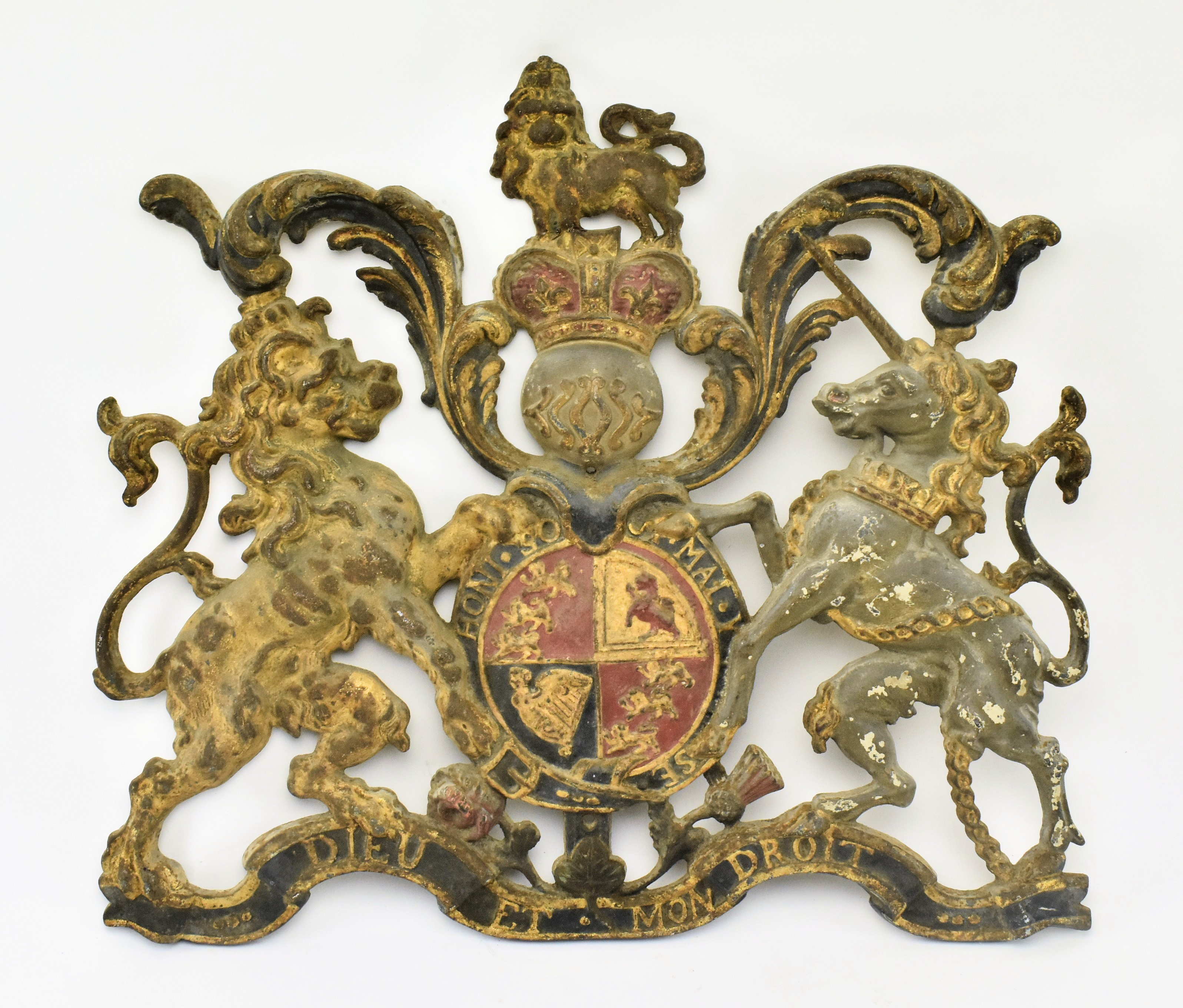 LARGE VICTORIAN COLD PAINTED CAST IRON ROYAL ARMORIAL CREST