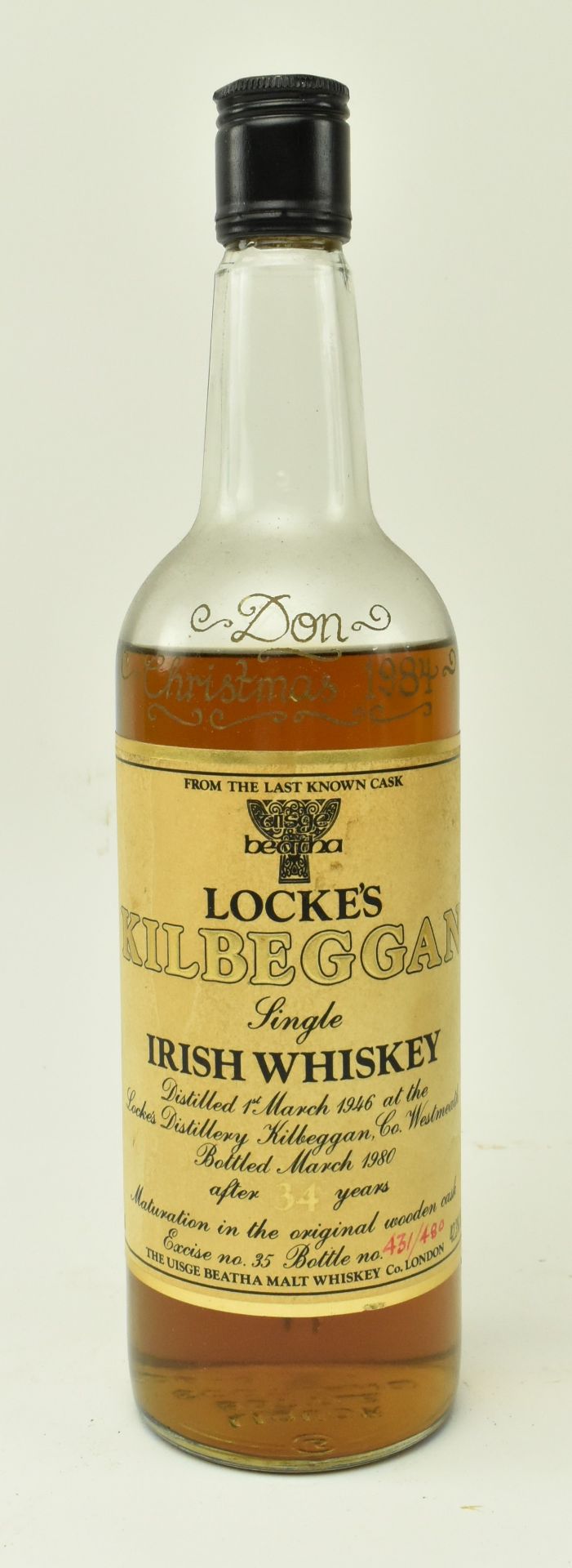 LOCKE'S KILBEGGAN SINGLE MALT IRISH WHISKY DISTILLED IN 1946