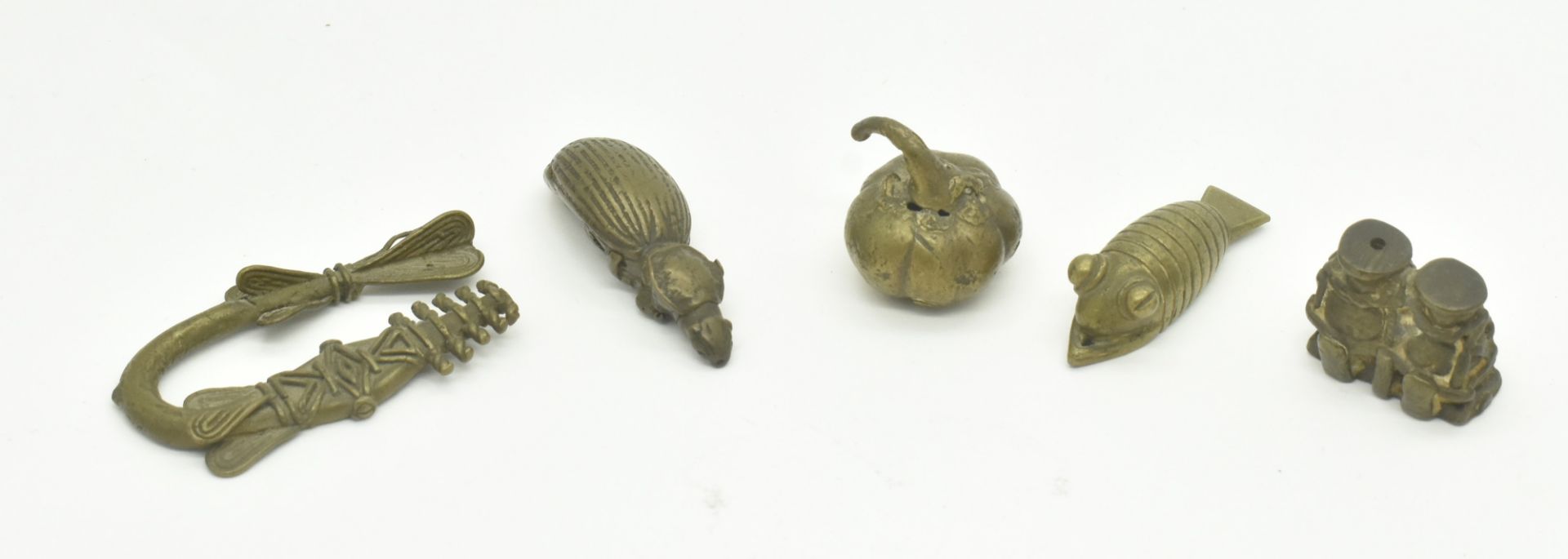 COLLECTION OF FIVE AFRICAN GHANA ASHANTI AKAN GOLD WEIGHTS