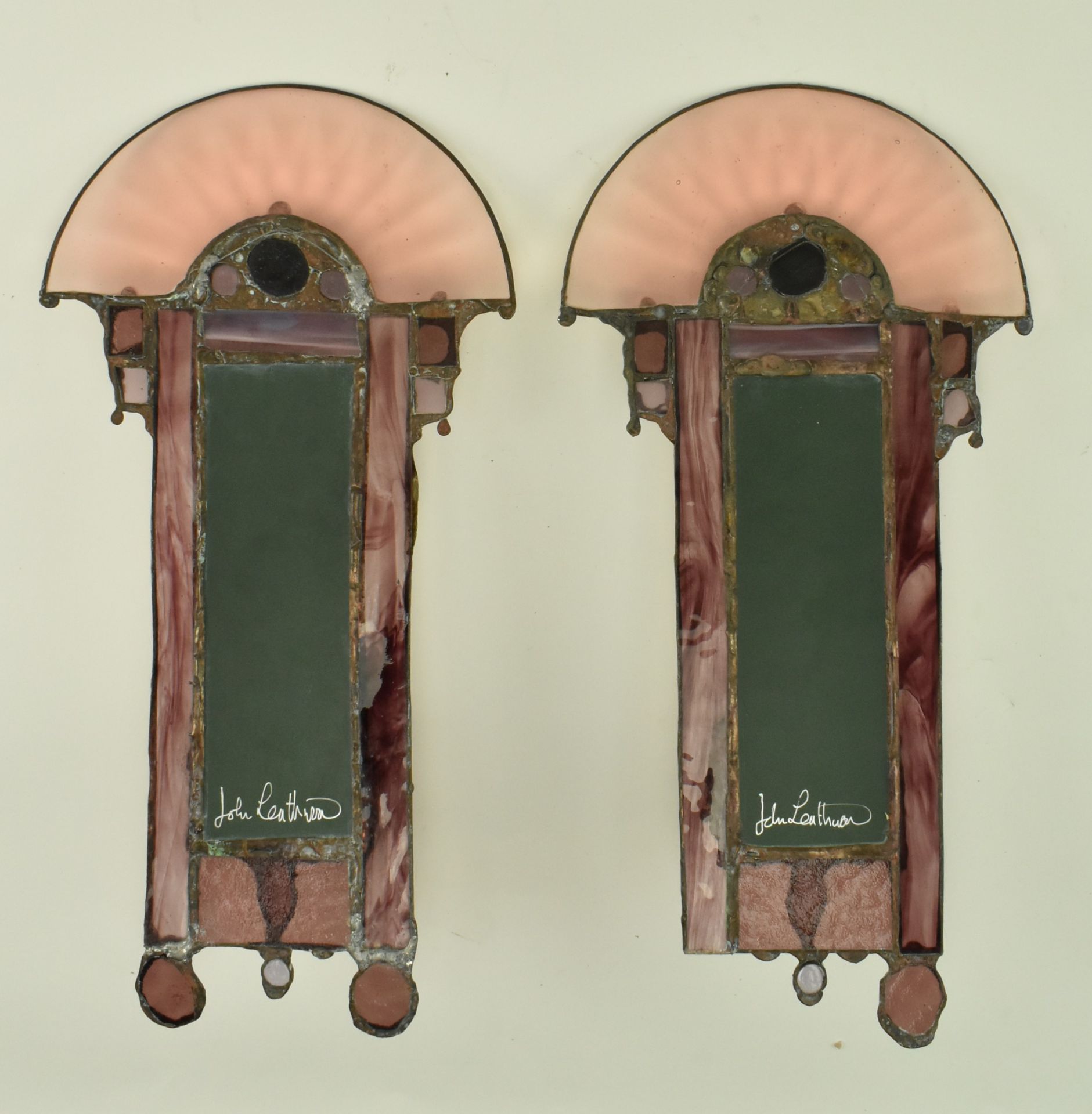 JOHN LEATHWOOD - PAIR OF STAINED LEADED GLASS WALL SCONCES - Image 6 of 8