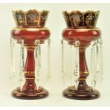 PAIR OF VICTORIAN BOHEMIAN RUBY GLASS & GILT TABLE LUSTRES