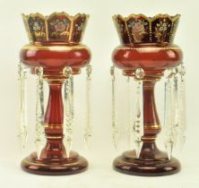 PAIR OF VICTORIAN BOHEMIAN RUBY GLASS & GILT TABLE LUSTRES