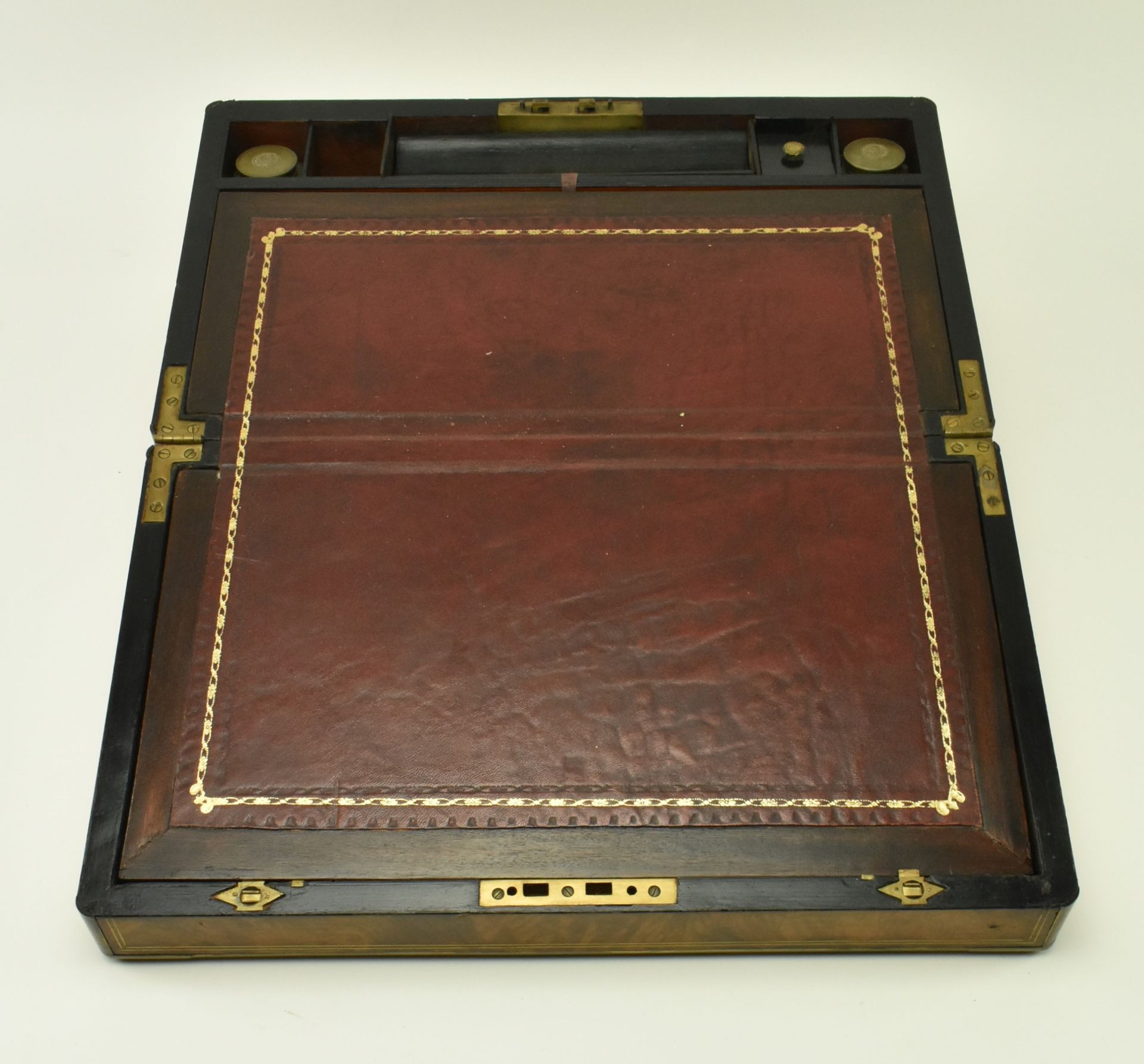 VICTORIAN BURR WALNUT & BRASS BOUND WRITING SLOPE WITH KEY - Image 3 of 11