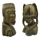 PAIR OF AFRICAN BENIN LATE 19TH CENTURY CARVED WOOD BUSTS